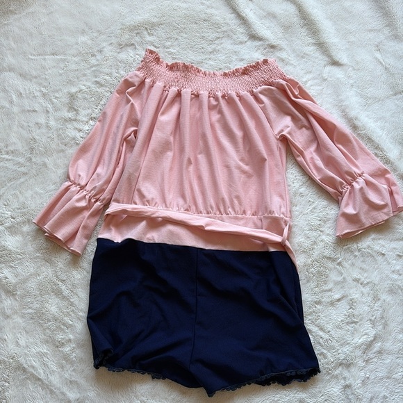 Studio 1000 Off-Shoulder Romper – Size S | Smocked Pink Top & Navy Shorts | - Picture 5 of 6